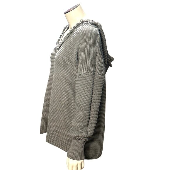 CCC Long Sleeve Hoodie Ribbed Cozy Gray Knit Pullover Sweater Fringed V Neck LG - Picture 3 of 10